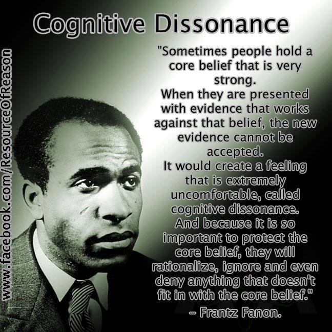 According to Wikipedia: Cognitive dissonance is an uncomfortable feeling caused by holding two contradictory ideas simultaneously. The "ideas" or "cognitions" in question may include attitudes and beliefs, and also the awareness of one's behavior. Th