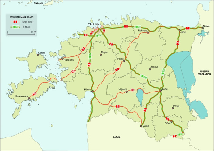 Main highways of Estonia. No place in Estonia is further than 60 km (i.e. within charging distance) from an EV charging system. Estonia is the first in the world with country-wide EV charging coverage.
