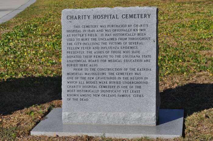 The marker to the dead here. The last line reads "Charity Hospital Cemetery is one of the most historically significant yet least known among New Orleans famous "Cities of the Dead.""