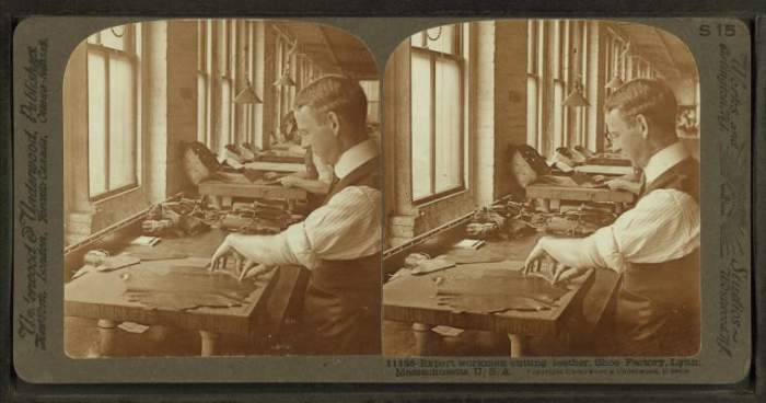 Expert workman cutting leather, shoe factory, Lynn, Mass., U.S.A.This media file is in the public domain in the United States. This applies to U.S. works where the copyright has expired, often because its first publication occurred prior to January 1