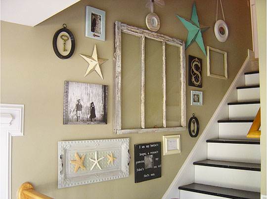 This great collection was done using an old widow as the focal point and ceiling tiles, pictures, collectibles, etc.