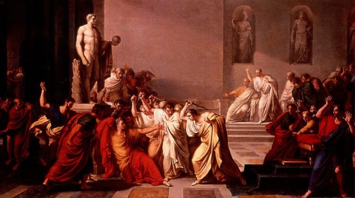 Gaius Julius Caesar dictator of the Roman Republic was Born 100 BC and was assassinated on the 15 March 44 BC by a group of senators led by Marcus Junius Brutus and was stabbed 23 times.