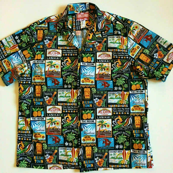 Here is a wonderful mint, RJC USA Men's 2XL Black Tropical Hawaiian Aloha Shirt, and it is 100% Cotton. Made in Hawaii by people who know Hawaiian shirts.