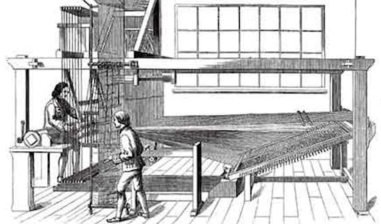 A pre-mechanization draw loom. Note the draw-boy awaiting instructions from the master weaver. (Public domain illustration)