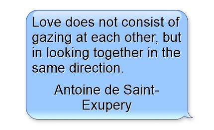 "Love does not consist of gazing at each other, but in looking together in the same direction." ~ Antoine de Saint-Exupery