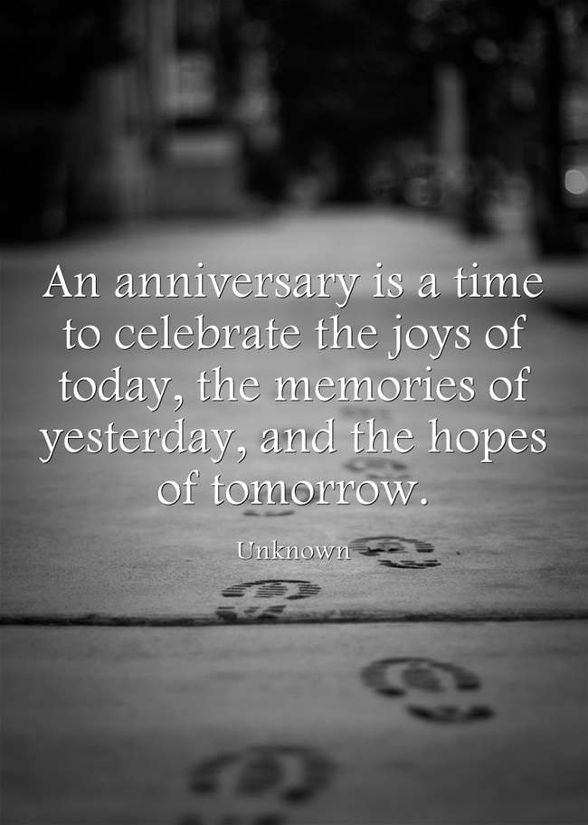 "An anniversary is a time to celebrate the joys of today, the memories of yesterday, and the hopes of tomorrow." ~ Unknown