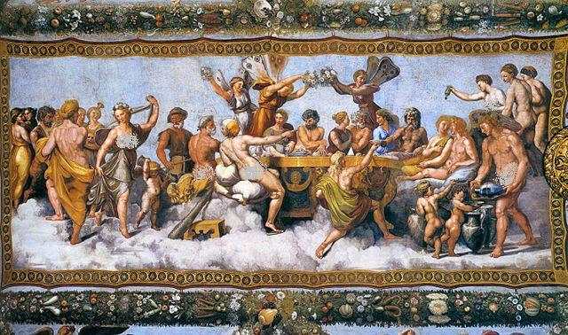 The Wedding Banquet of Cupid and Psyche (1517) by Raphael and his workshop, from the Loggia di Psiche (it), Villa Farnesina