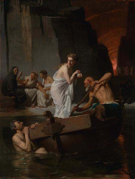 Psyché aux enfers (1865) by Eugène Ernest Hillemacher: Charon rows Psyche past a dead man in the water and the old weavers on shore