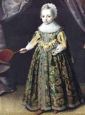 1621 painting of a 3 year old girl from Flanders holding a battledore and shuttlecock.