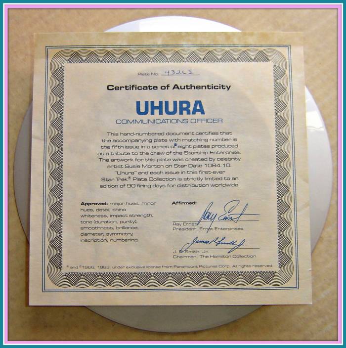 Each issue in this first ever Star Trek Plate Collection is strictly limited to an edition of 90 firing days for distribution worldwide. Plate number 4326S. With original box, COA and all paperwork. Plate measures 8.5". By The Hamilton Collection.