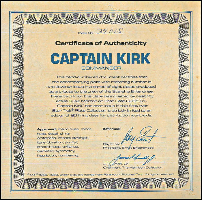 This hand-numbered document certifies that the accompanying plate with matching number is the seventh issue in a series of eight plates produced as a tribute to the crew of the Starship Enterprise.