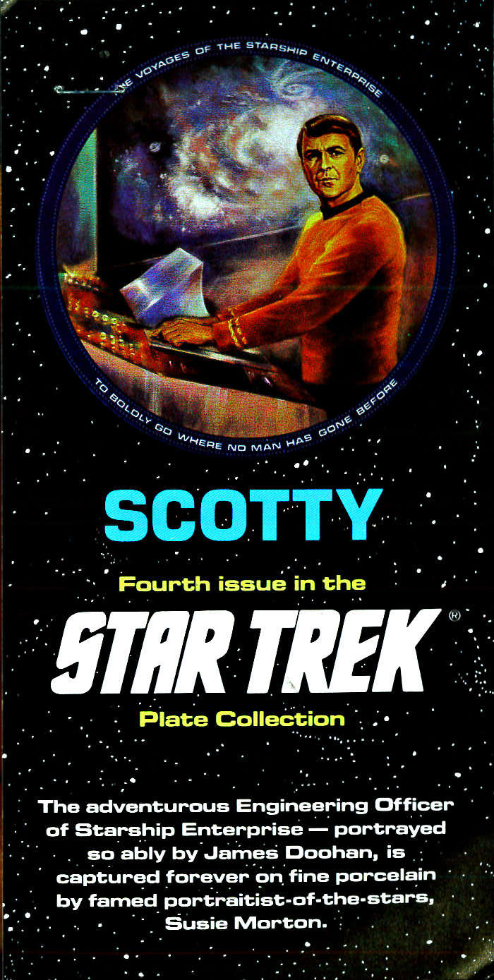 The adventurous Engineering Officer of Star-ship Enterprise - portrayed so ably by James Doohan, is captured forever of fine porcelain by famed portraitist of the stars Susie Morton.