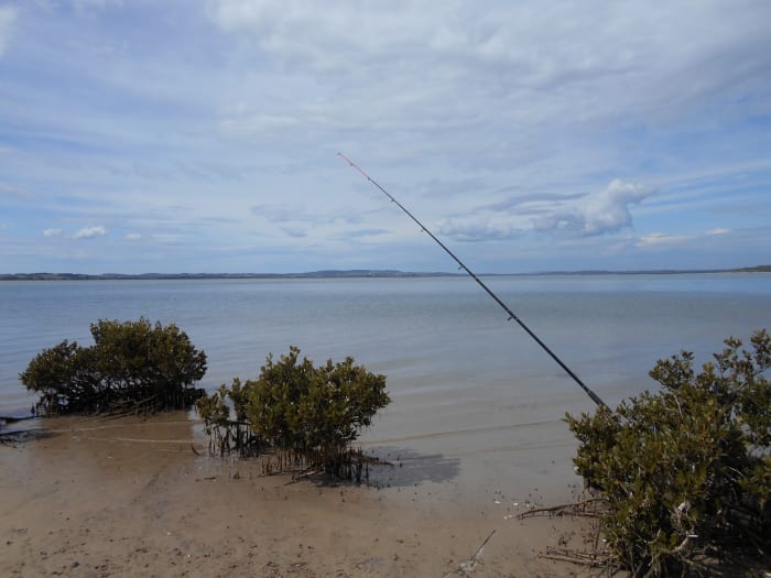 The waters in the Anderson Inlet in Venus Bay is really calm and quiet. The town of Inverloch is in the distance.