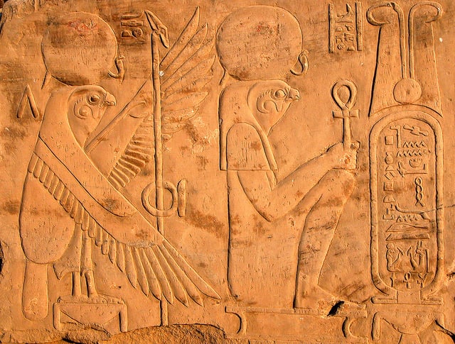 Relief representations of Horus and the Sun Disk taken at the Komombo temple, Aswan, Egypt. Horus is one of the oldest and most significant deities in ancient Egyptian religion.