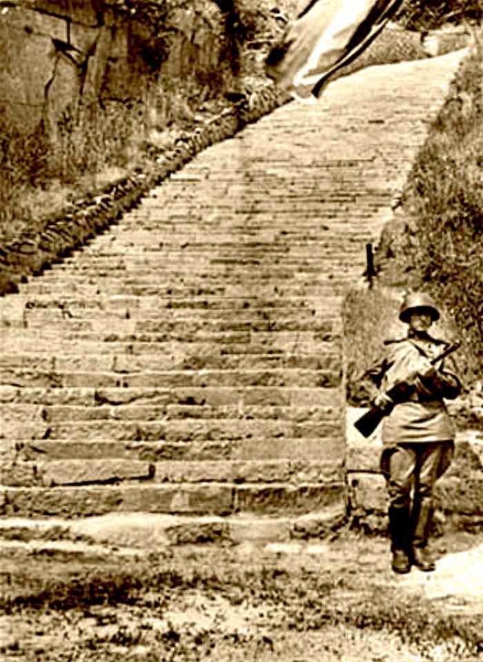 The photo above is one of hundreds in Bernadac voluminous works shows the "Stairway of Death" at the Mauthausen camp. In the photo a Soviet soldier is standing as a guard after the camp was made into a Holocaust Memorial Site by the Soviet Union gove