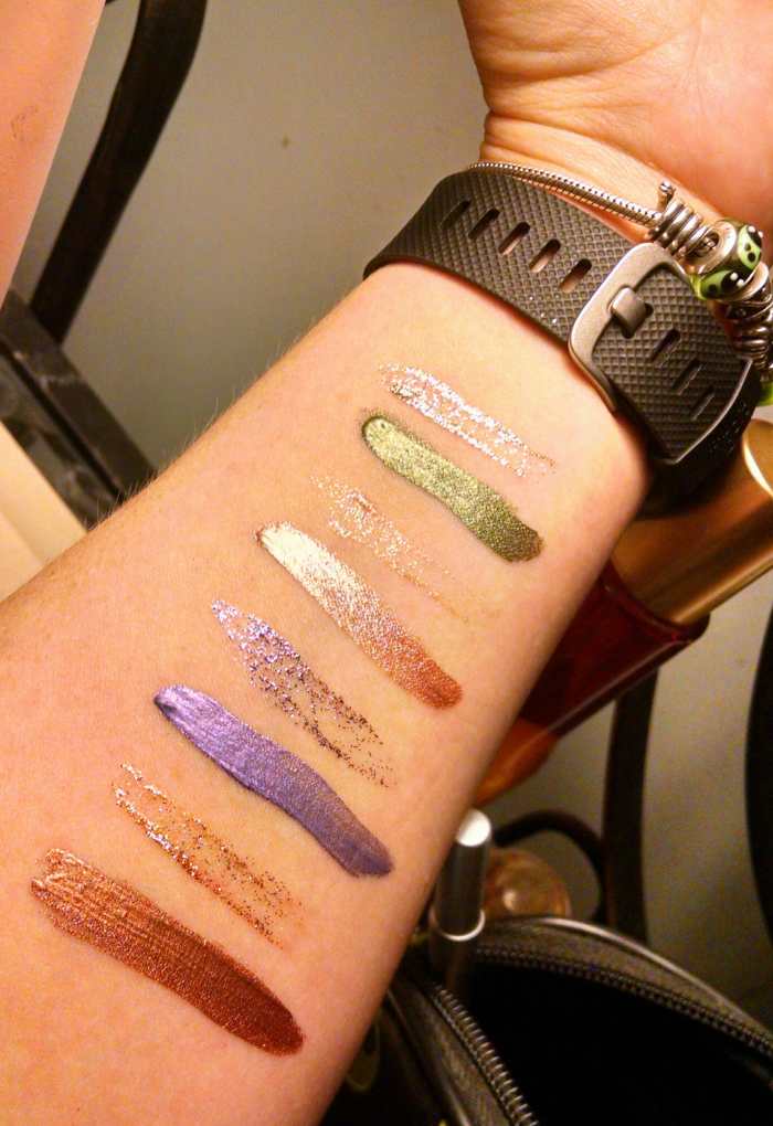 From top to bottom: Desert Dazzle glitter & shadow, Peach Prism glitter & shadow, Lilac Luster glitter & shadow, Burnished Bling glitter & shadow