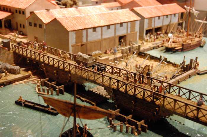 Londinium, AD 85-90 - the first London Bridge spanned the Thames to carry Watling Street, the Roman road that linked Rochester with London and Chester