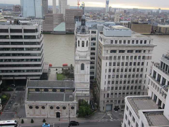 The Church of St Magnus the Martyr seen from the top of the Monument (a pointer to where the Great Fire started at a nearby bakery September, 1666