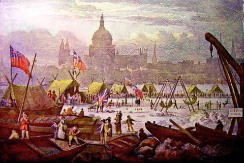 The last ever Frost Fair, 1814. This was during the late Regency, the year before Waterloo. In another seventeen years we would see a new London Bridge