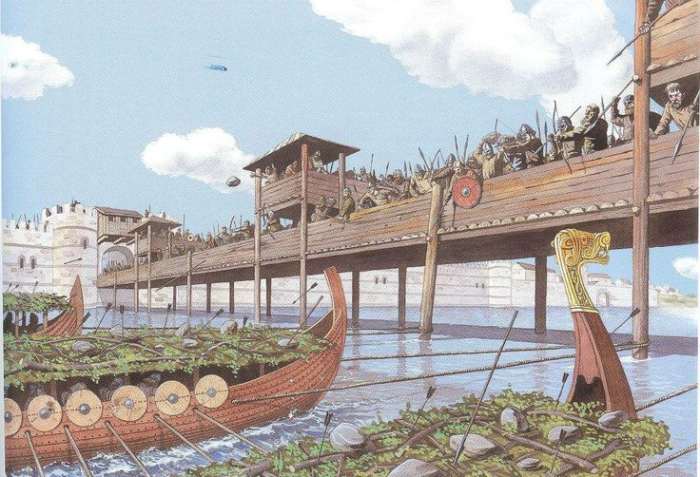 A perception of Olaf's ships as they pull away from the bridge with cables attached to the bridge timbers. They had used the thatched roofs of dwellings from Greenwich to shelter from the arrows of Knut's Danes on the bridge.