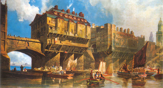 Old London Bridge stood between the late 12th and early 19th Centuries, in time built on with Nonsuch Palace, other residences and shops