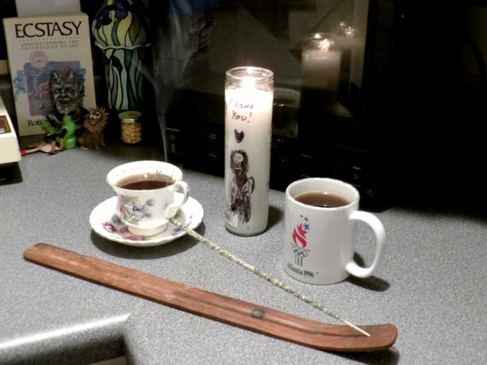 Give thanks after she has helped you in a way you feel drawn to. Here I lit copal, a candle and offered two coffees.