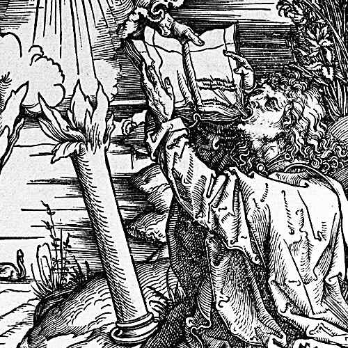 Here we show a portion of 'St John Devours the Book' - the tenth Woodcut from the suite by Albrecht Durer known as "The Apocalypse".
