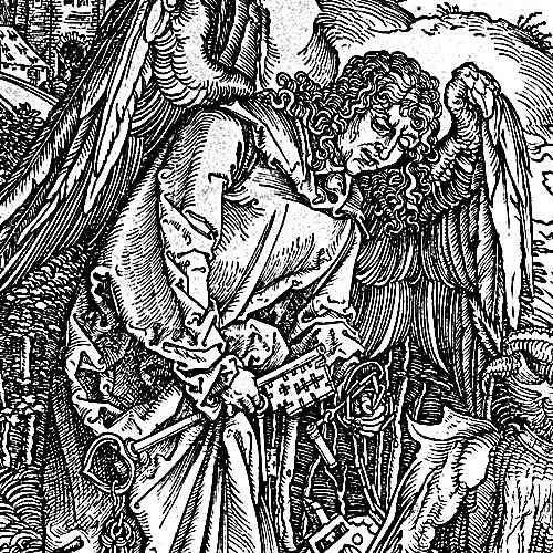 Here we show a portion of 'The Angel with the Key to the Bottomless Pit' - the fifteenth Woodcut from the suite by Albrecht Durer known as "The Apocalypse".