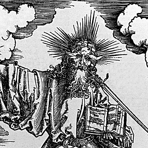Here we show a portion of 'St John's Vision of Christ and the Seven Candlestickst' - the second Woodcut from the suite by Albrecht Durer known as "The Apocalypse".