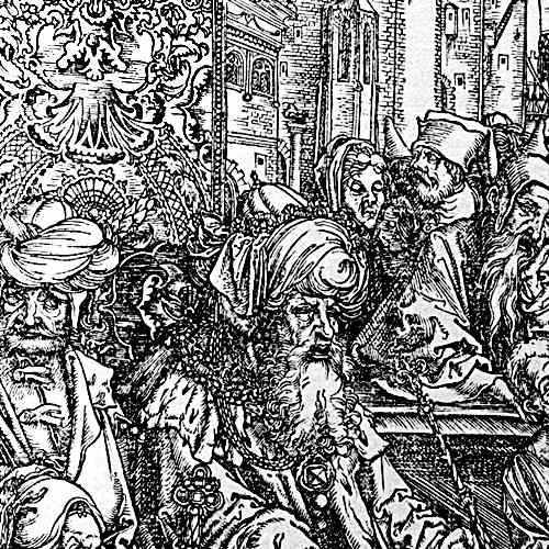 Here we show another portion of "The Martyrdom of St John" by Albrecht Durer. In this this image, we see the Emperor Domition and members of his Court (to the middle and left) and some medieval Gothic architectural features (in the background).