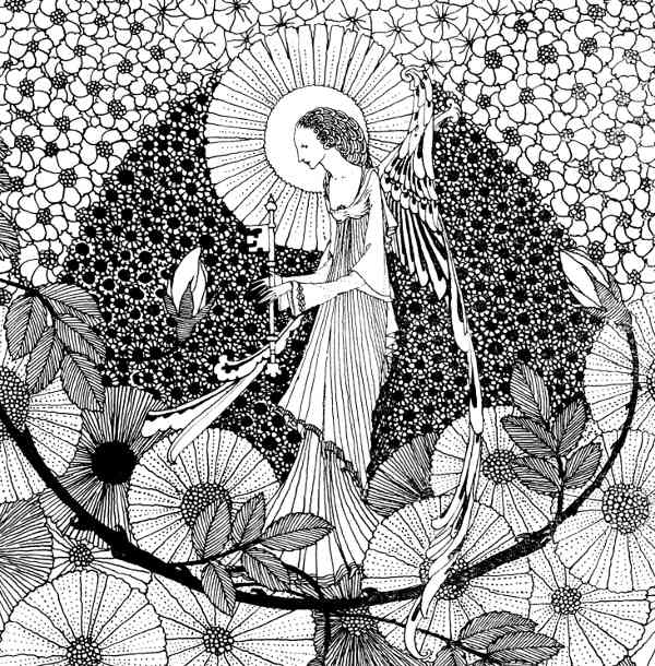 Here we show a portion of 'With magic key ... unlocking buds that keep the roses' - it is one of the monotone designs from Harry Clarke published in "The Year's at the Spring" (1920).