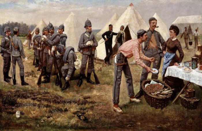The Artists' Rifles in camp, 1884 - note the casual footwear of the gentleman in the foreground with the pinafored cook. These would never be soldiers in the conventional sense, not for lack of trying by the powers-that-be to lick them into shape