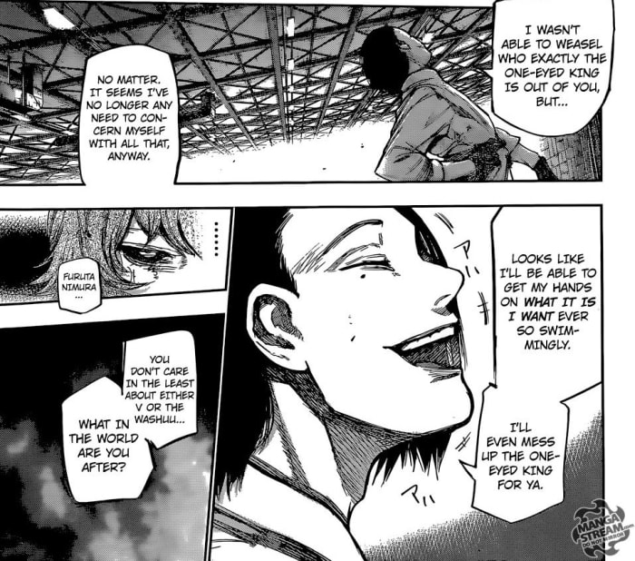 Eto saying that Furuta doesn't care about either V or Washuu. Furuta saying he will get what he wants and mess up the King for Eto.