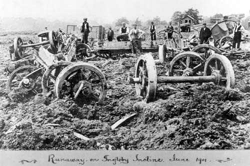Incline casualties - the wagons seem to have pitched over and lost their wheels as well as their loads. Incline Foot ca 1900
