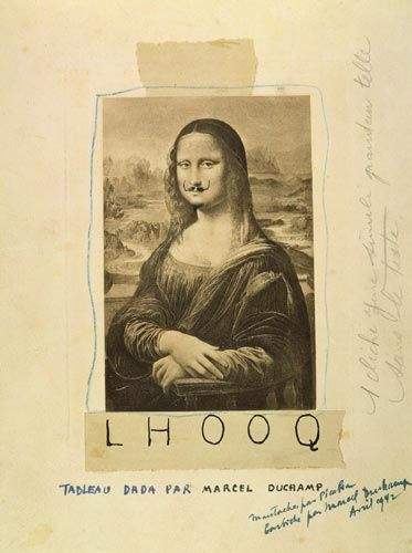 Marcel Duchamp's 1919 parody of the piece titled "L.H.O.O.Q, Mona Lisa With Mustache" L.H.O.O.Q. is a French pun; the letters pronounced in French sound like "Elle a chaud au cul," which translates to "She is hot in the arse"