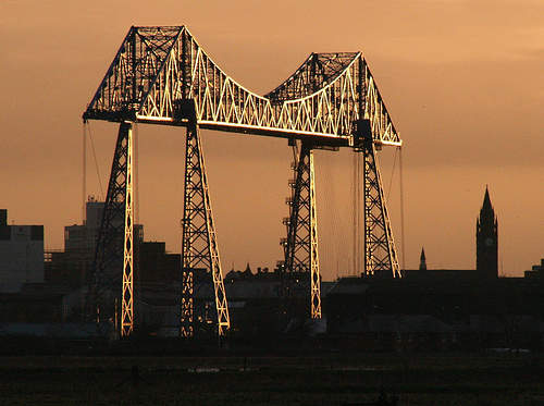 The Transporter Bridge stands near the Riverside Stadium and spans the Tees to Port Clarence on the County Durham shore (now Hartlepool Unitary Authority)