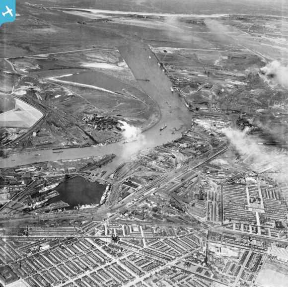 In the foreground in this view from the 1950s are Middlesbrough Docks, further along is Cargo Fleet and the railway to Redcar