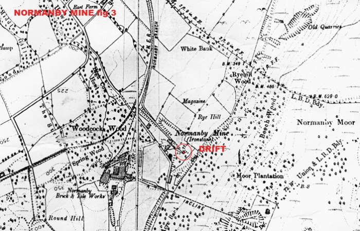 Ordnance survey section shows Normanby Brickworks and neighbouring ironstone mine workings near the foot of the 'saddle' over which the Cleveland Railway passed by rope-worked or self-acting incline. There's a country park and centre here now