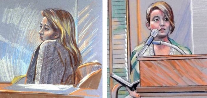 Courtroom sketches of Darlie Routier on trial. She holds her diary (right) and is explaining her thoughts of suicide she wrote about in the diary about a month before the murders of Devon and Damon.
