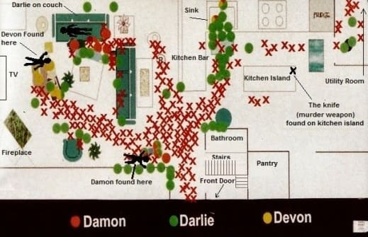 States Exhibit 122, the blood map. Note - the author added the placement of Darlie, Devon and Damon to this map along with references for orientation of the 1st floor.