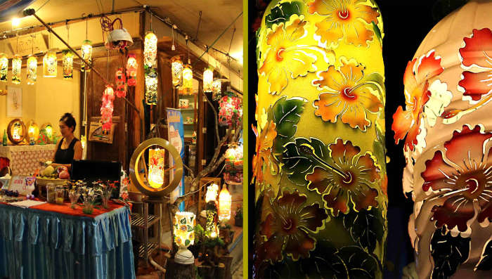 On the left - a shop selling ornamental lamps fashioned out of plastic bottles! On the right - two examples created in front of the customer. The artistic tools necessary to try out this unusual craft form yourself can also be bought here
