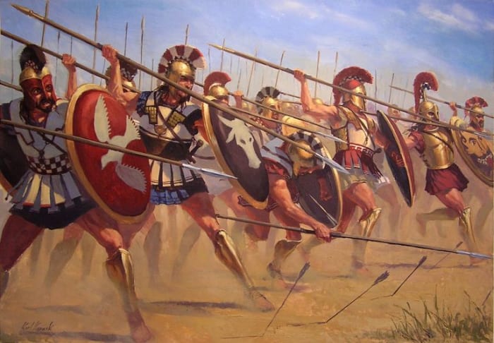 Here we see a more open formation that was probably more practical since it allowed hoplites ample room to fight as well as decent protection from being a spears length away from an ally.