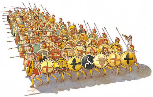 The typical Greek phalanx consisted of hoplites in a mass formation with all depending on their fellow hoplites around them. The average length was about eight men deep, and cavalry and light armed troops would accompany the phalanx.