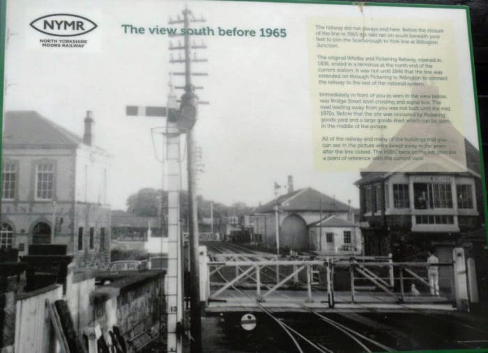 The view south from Pickering Station - display board at the south end of the station shows the scenery as it was before closure early in 1965