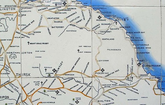 North Eastern Railway tile map shows the Pickering area. More important stations such as Whitby Town, Pickering, Scarborough Central, Malton and Helmsley had one on the wall near an exit for travellers to plan their journeys.