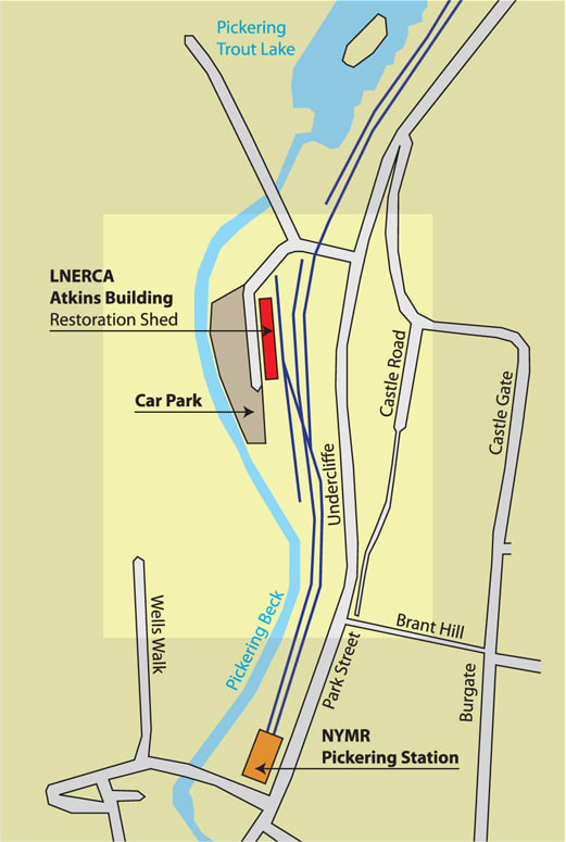 A schematic diagram of Pickering Station and environs, with the LNER Coach Association's workshop to the north-west of the station. A new locomotive shed is scheduled to be built on the site of the Pickering Trout Lake