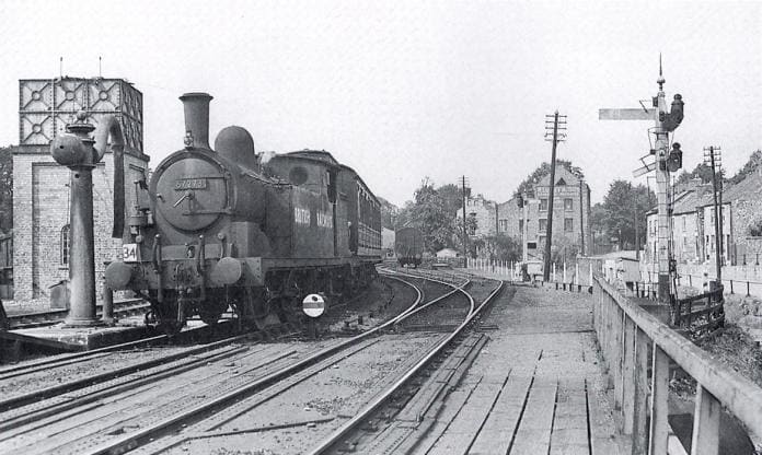 NER Class O, LNER/BR Class G5 0-4-4 tank locomotive 67273 allocated to Malton shed (50F) in 1950-59 approaches Pickering Station from the north