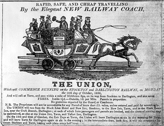 'The Union', one of the Stockton & Darlington Railway's horse-drawn railway coaches resembled the mail coaches that still ran on poorly maintaind roads