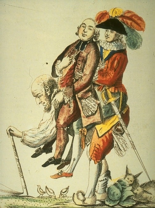 The commoners in France were tired of "carrying" the clergy and nobility, as is depicted in this drawing. They finally revolted and demanded that the absolute monarchy be dismantled.