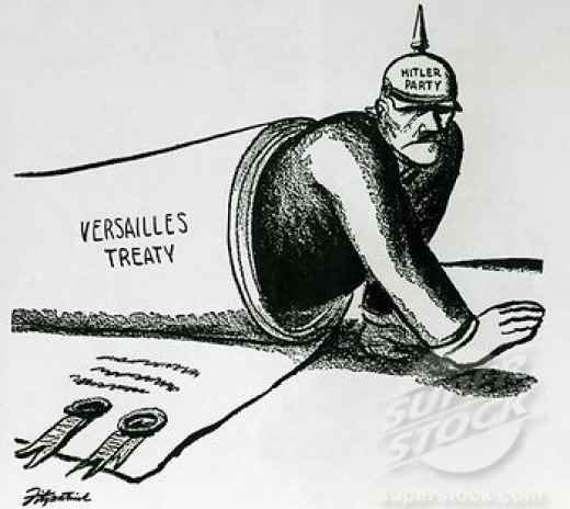 A fairly obvious cartoon : it is thanks to Versailles that Hitler could come to power in Germany, like a monster emerging from the barrel of some gun.